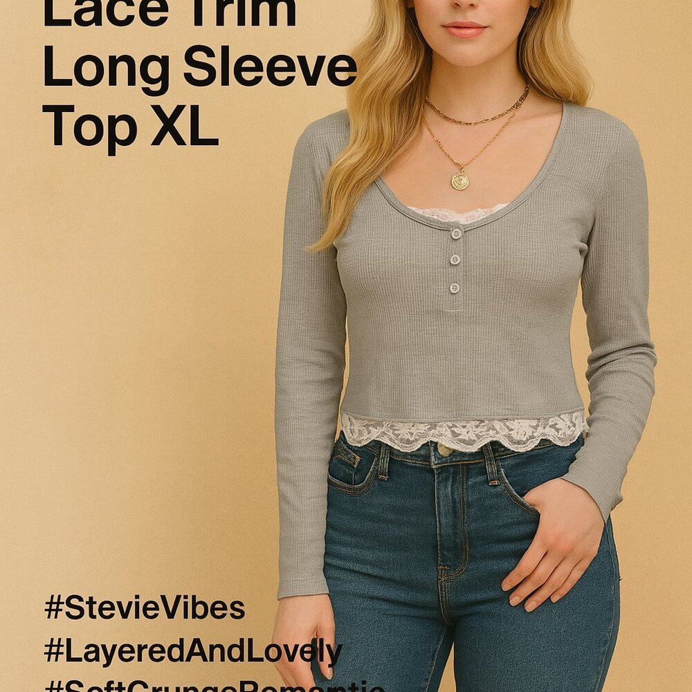 Self Esteem Gray Ribbed Lace Trim Long Sleeve Top XL